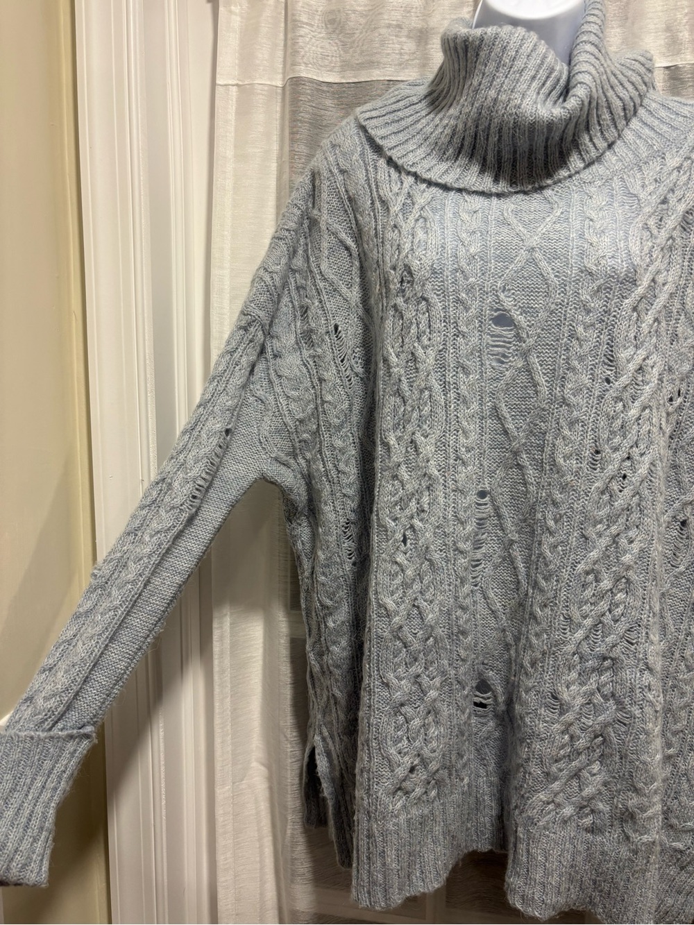 Free People Complex Distressed Cable Knit Cowl Neck Wool Alpaca Sweater Blue Med